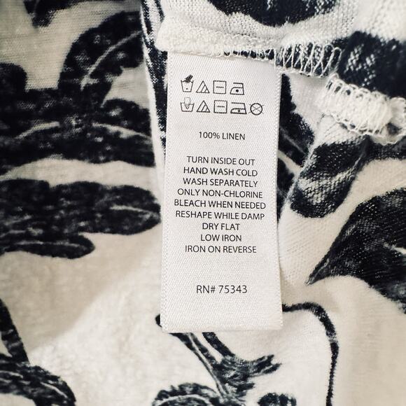 Tahari Womens L 100% Linen Tropical Top Black White Leaf Print Shirt - Picture 4 of 5